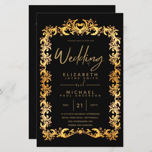 予算ヴィンテージ金ゴールド額縁低結婚式の招待A9 (正面/裏面)