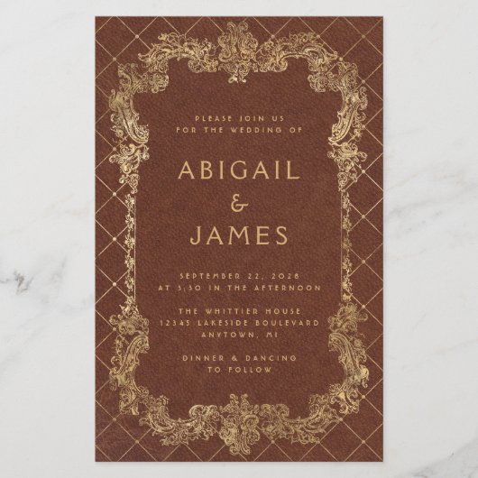 予算ヴィンテージ錆び金ゴールドQRコード結婚式の招待 (正面)