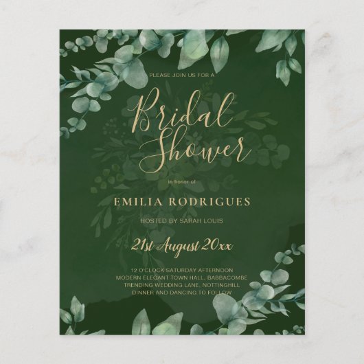 予算内でできるユーカリのウェディングシャワーの飾り付け　ゴールドと緑のQRコードつき チラシ (正面)