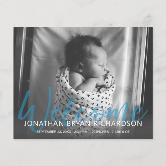 予算内でモノクロの青いマルの写真を使った誕生日のお知らせフライヤー チラシ (正面)