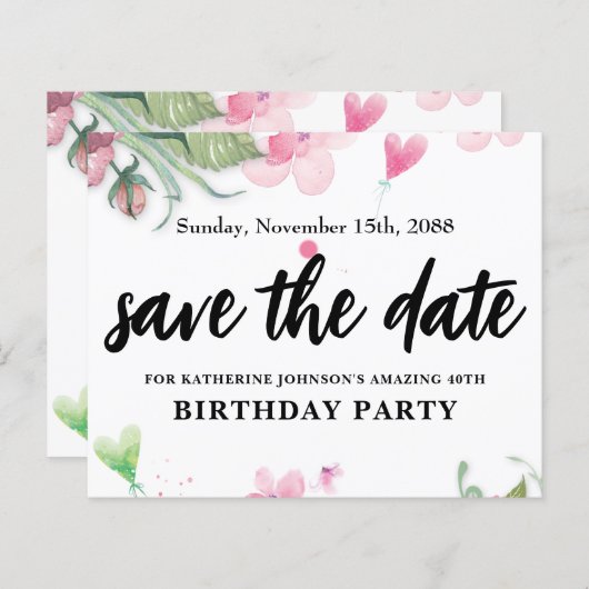 予算内で、美しい誕生日の花のデザインの「Save the date」 (正面/裏面)