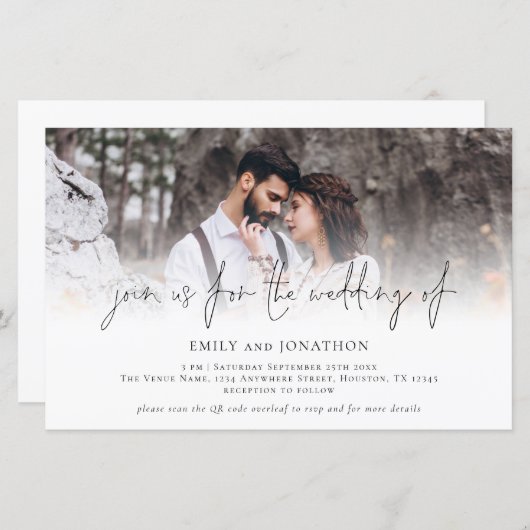 予算写真QRコード参加結婚式招待状 (正面/裏面)