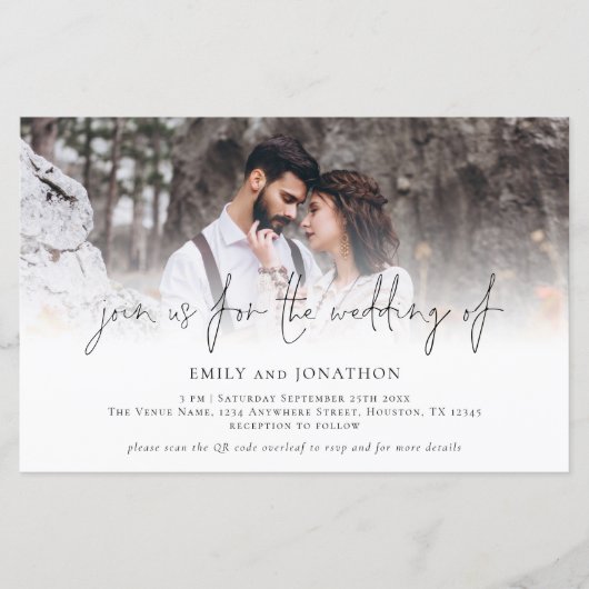 予算写真QRコード参加結婚式招待状 (正面)