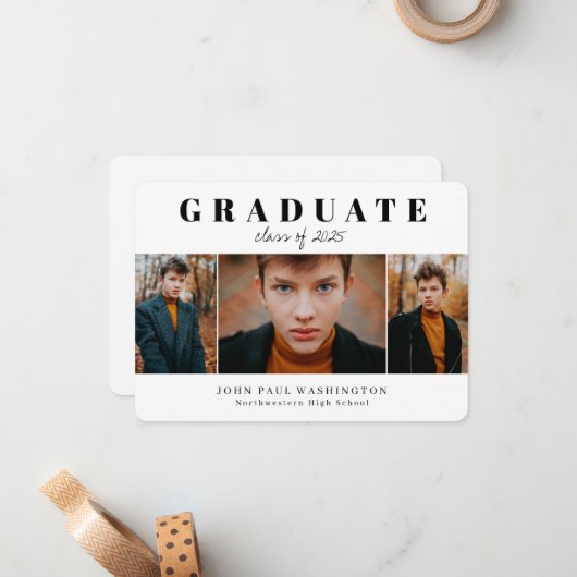 予算卒業生3写真卒業のお知らせ ノートカード (正面/裏面インサイチュ)