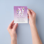予算子供の誕生日招待状パープルユニコーン チラシ (手)