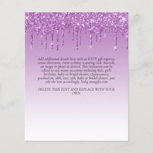 予算子供の誕生日招待状パープルユニコーン チラシ (裏面)