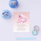 予算子供の誕生日招待状ピンクユニコーン チラシ (シングル)