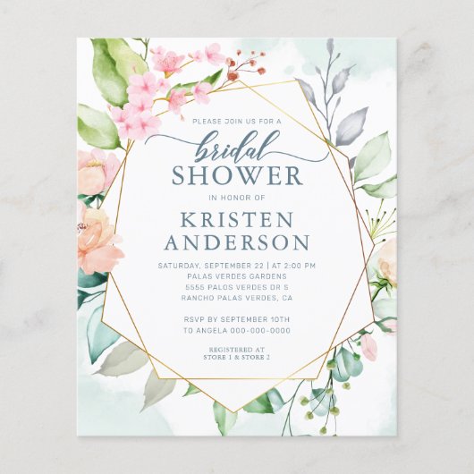 予算幾何学的フローラブライダルシャワー招待状 (正面)