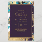 予算庁ティール(緑がかった色)ターコイズ金ゴールド誕生日招待状 (正面)