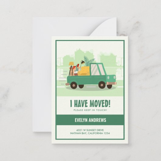 予算引っ越しましたグリーンカーオンザロードムービング ノートカード (正面)