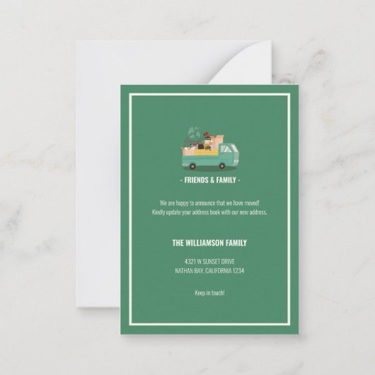 予算引っ越しましたグリーントラック道路上の移動 ノートカード (裏面)