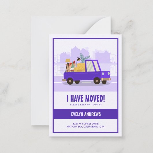 予算引っ越しましたパープルカーオンザロードムービング ノートカード (正面)