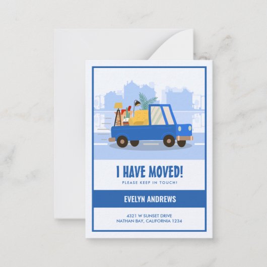 予算引っ越しましたブルーカーオンザロードムービング ノートカード (正面)