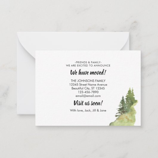 予算引っ越しました新しいネックウッズ写真の移動 ノートカード (裏面)