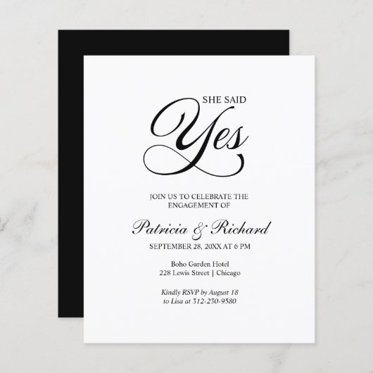 予算彼女が述べたYes婚約パーティ招待状 (正面/裏面)