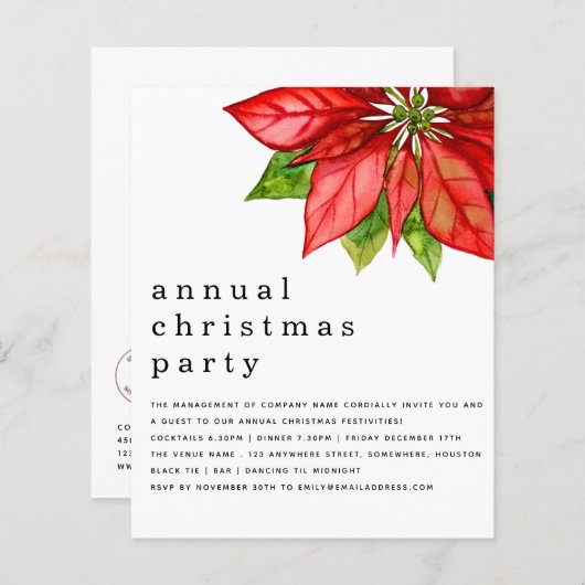 予算従業員クリスマスパーティーポインセチア招待状 (正面/裏面)