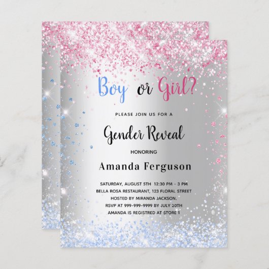 予算性別がピンクの青のシルブグリッターを明らかにする (正面/裏面)