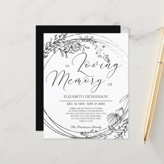 予算悔やみや弔慰サンキューカード。ペーパーシート (正面/裏面インサイチュ)