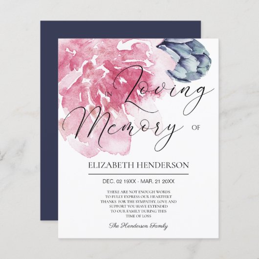 予算悔やみや弔慰サンキューカード。ペーパーシート (正面/裏面)