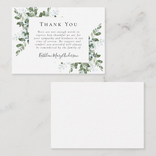 予算悔やみや弔慰ユーカリ葬儀サンキューノート ノートカード (正面/裏面)
