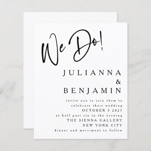 予算我々はエレガント白黒結婚式の招待 (正面/裏面)