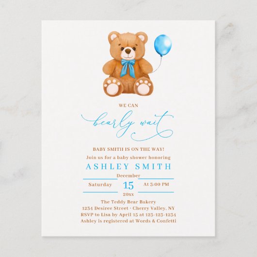 予算我々は早期に待つことができる男の赤ちゃんシャワー チラシ (正面)