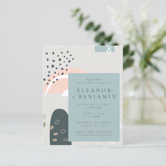 予算抽象芸術シェイプパステルグレーウェディング招待 (スタンド正面)