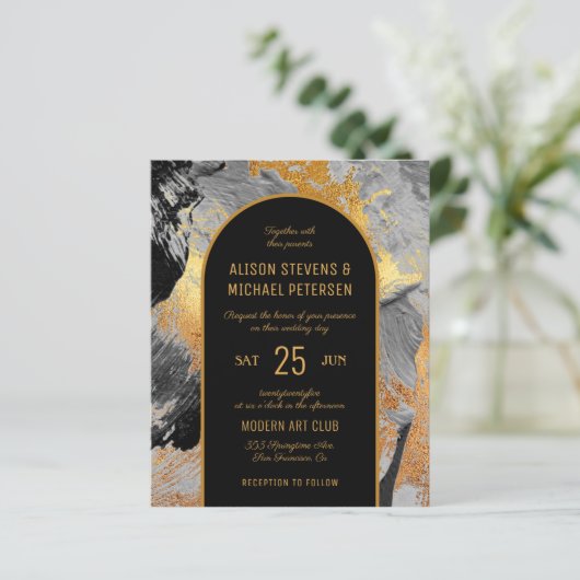 予算抽象芸術シック金ゴールドフォト結婚式招待状 (スタンド正面)