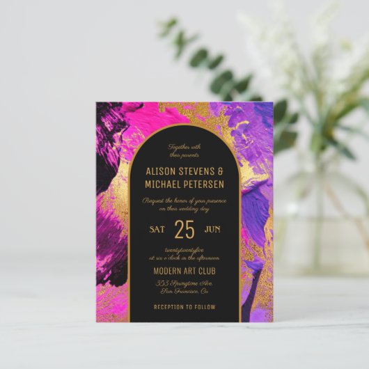 予算抽象芸術ピンク金ゴールド写真結婚式招待状 (スタンド正面)