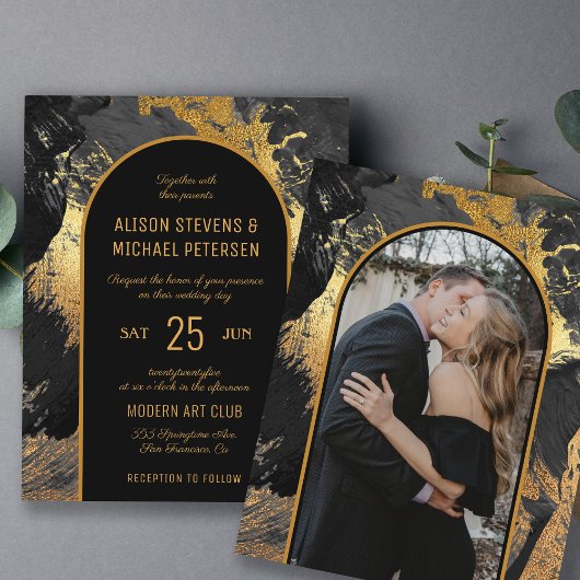 予算抽象芸術ブラックPHOTO結婚式招待状