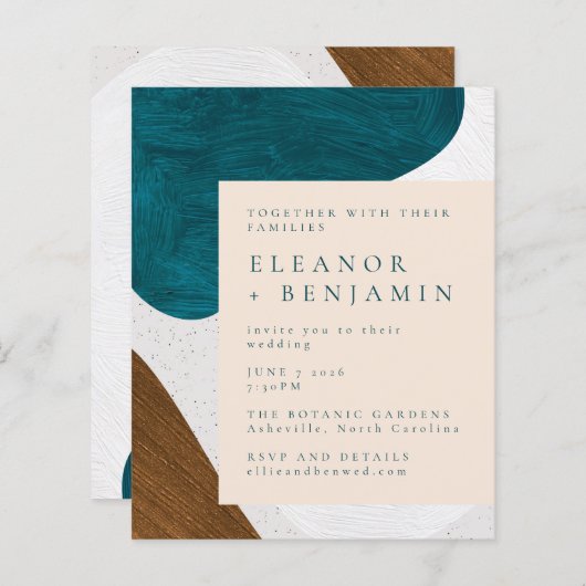 予算抽象芸術図形ティール（緑がかった色）金ゴールド結婚式の招待 (正面/裏面)
