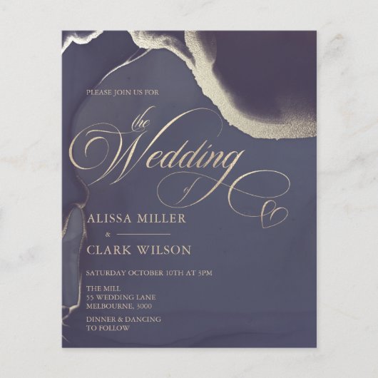 予算抽象芸術金ゴールドネイビー結婚式招待状 (正面)