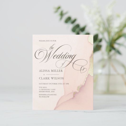 予算抽象芸術金ゴールド赤面ピンク結婚式招待状 (スタンド正面)