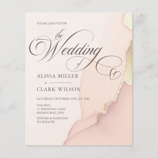 予算抽象芸術金ゴールド赤面ピンク結婚式招待状 (正面)