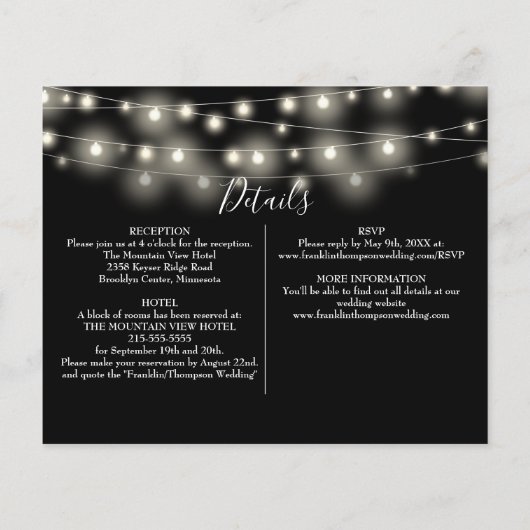 予算文字列ライトフォト結婚の詳細招待状 (裏面)