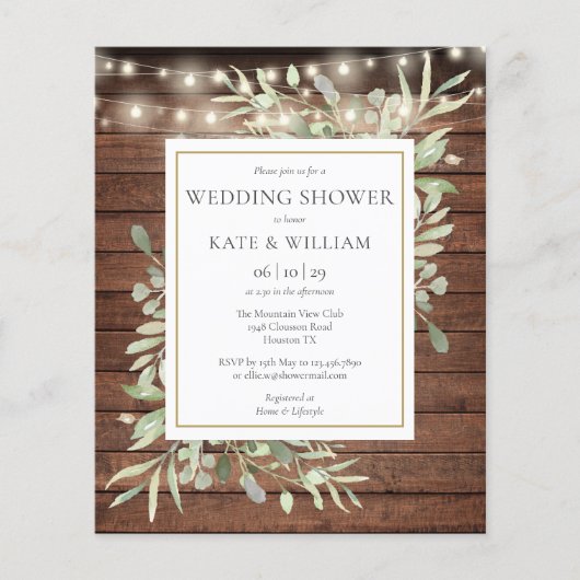 予算文字列素朴ライトウェディングシャワー招待状 (正面)