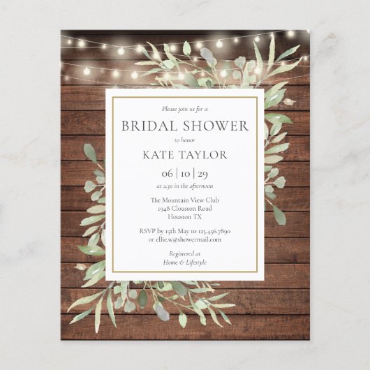 予算文字列素朴ライトブライダルシャワー招待状 (正面)