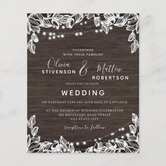 予算文字列素朴ライト結婚式招待状 (正面)