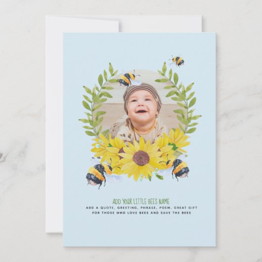 予算新生児写真贈り物ひまわりミツバチ 招待状 (正面)