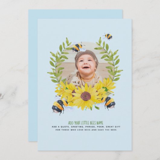 予算新生児写真贈り物ひまわりミツバチ 招待状 (正面/裏面)