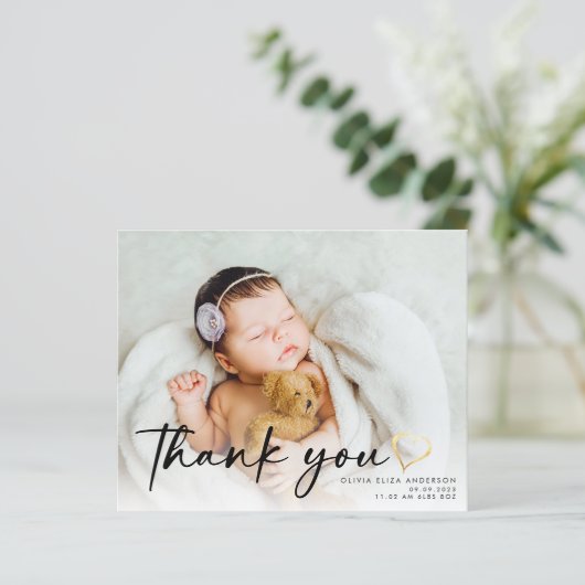 予算新生児写真金ゴールドハートサンキューカード (スタンド正面)