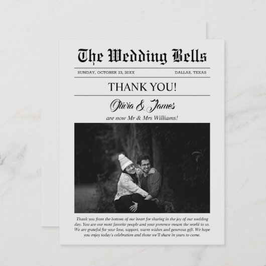 予算新聞結婚の写真サンキューカード (正面/裏面)