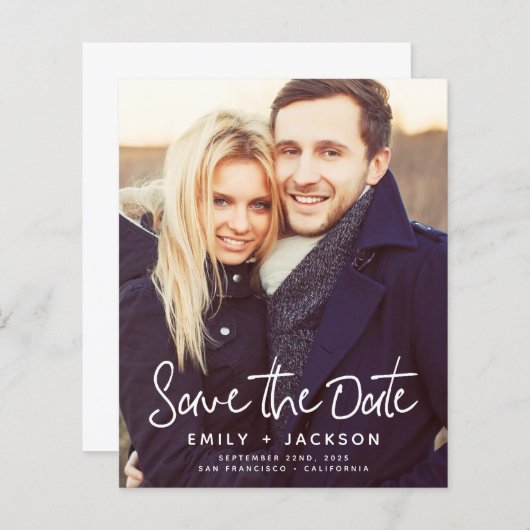 予算日付の保存フォト招待状 (正面/裏面)