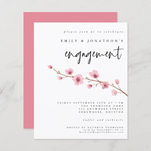 予算桜さくらんぼブロッサム婚約招待状 (正面/裏面)