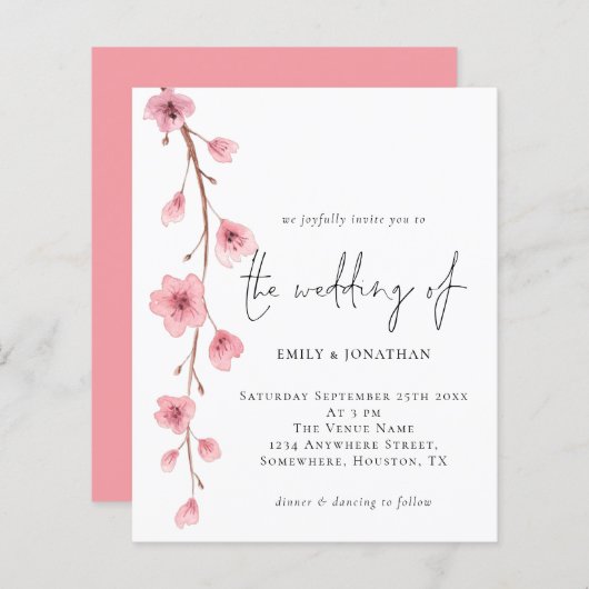 予算桜さくらんぼブロッサム結婚式招待状 (正面/裏面)