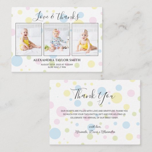 予算水玉模様写真ベビーサンキューカード ノートカード (正面/裏面)