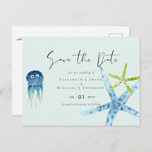予算海洋生物ビーチ海結婚式日付の保存 ポストカード (正面/裏面)