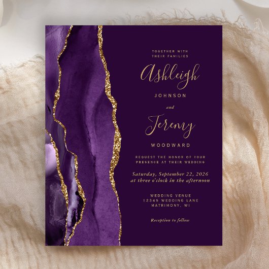 予算深いパープルアガテ金ゴールド結婚式招待状
