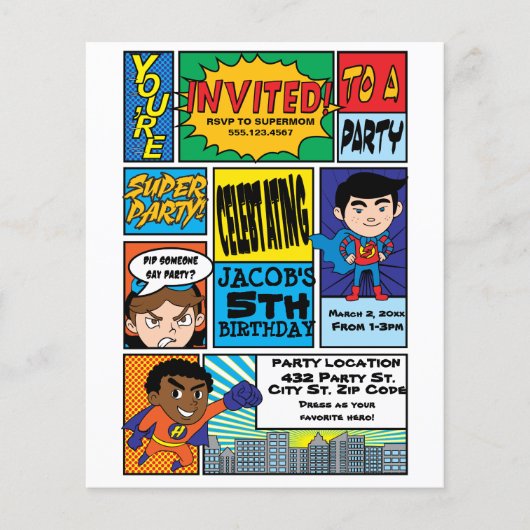 予算漫画スタイルヒーロー誕生日招待状 (正面)