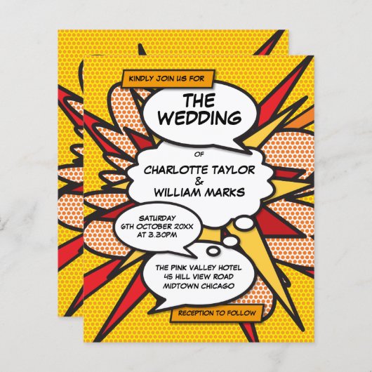 予算漫画ブックアポップ・アートのート結婚式招待状 (正面/裏面)